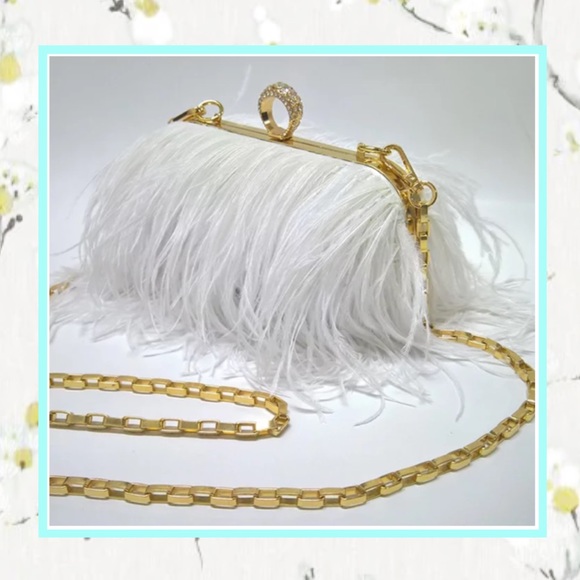 🌸 OSTRICH PURSE FEATHER HARD CLUTCH BAG BOHO CHIC DESIGNER ELITE HANDLE CHAIN - Picture 1 of 12